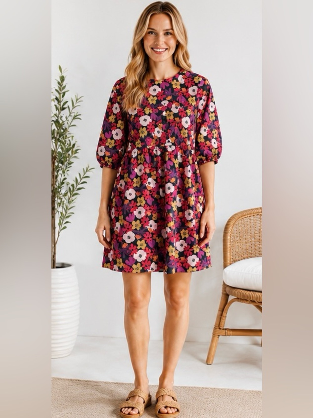 Michelle McDowell Floral Puff Sleeve Dress Women’s Small Pink Red Boho